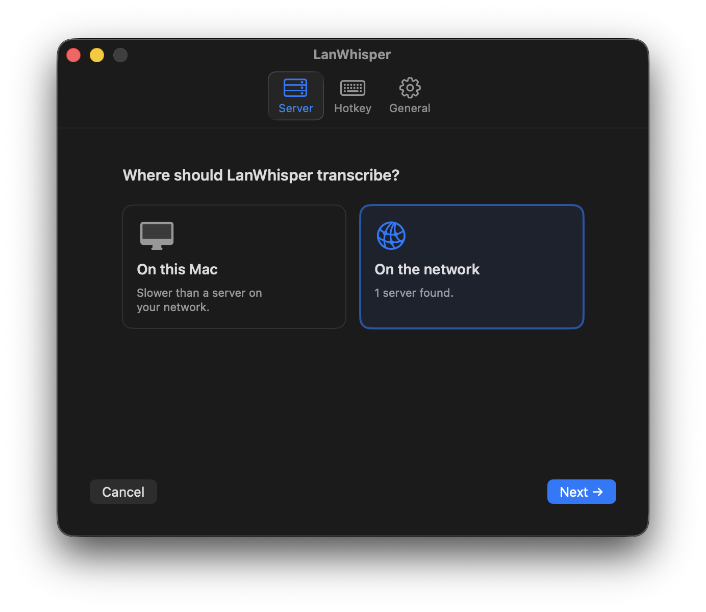 LanWhisper first-run screen asking ‘Where should LanWhisper transcribe?’ with two options: ‘On this Mac’ and ‘On the network (1 server found)’
