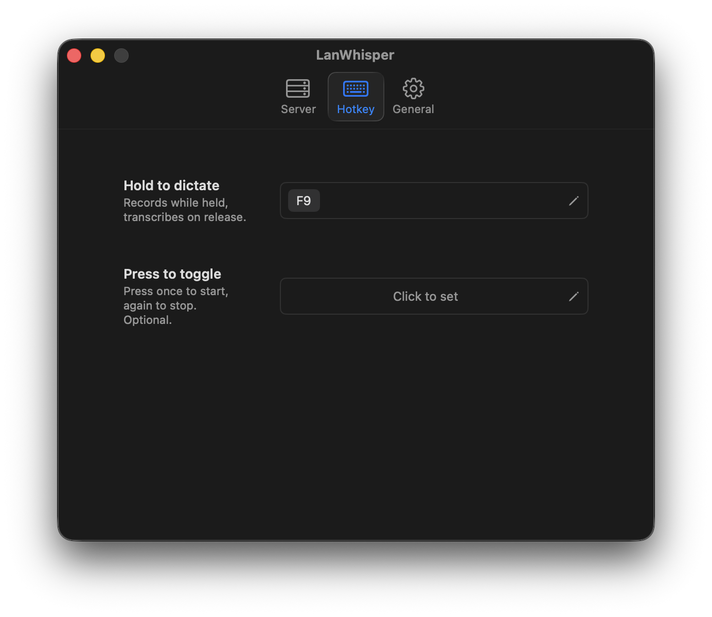 LanWhisper hotkey preferences pane with a Hold-to-dictate slot and a Press-to-toggle slot