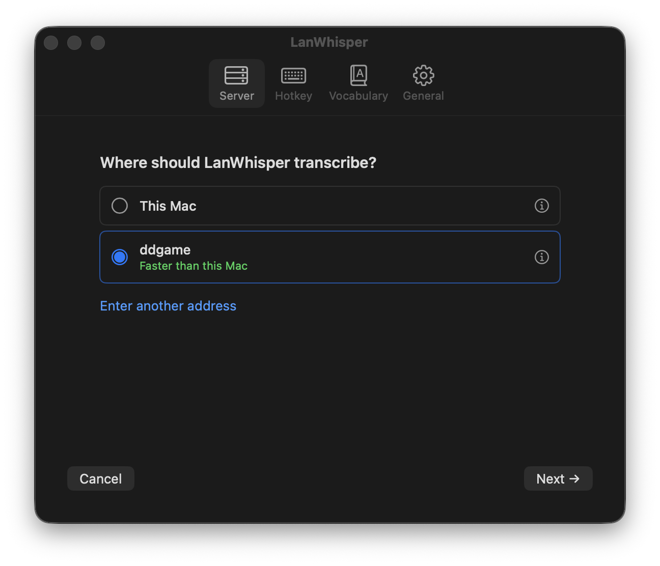 LanWhisper first-run screen asking ‘Where should LanWhisper transcribe?’)’