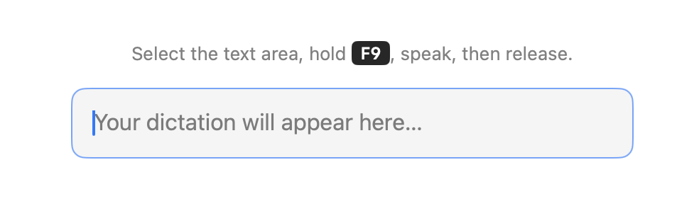 LanWhisper’s setup wizard inviting the user to try dictation: ‘Select the text area, hold F9, speak, then release.’ with a text field reading ‘Your dictation will appear here…’