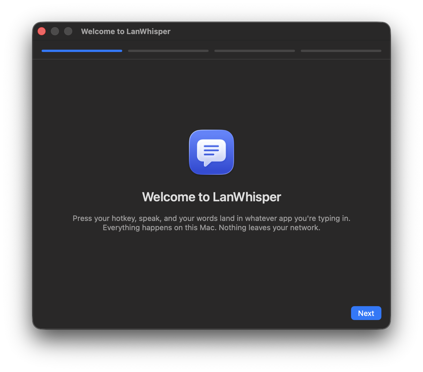 LanWhisper’s setup welcome screen: ‘Press your hotkey, speak, and your words land in whatever app you’re typing in.’